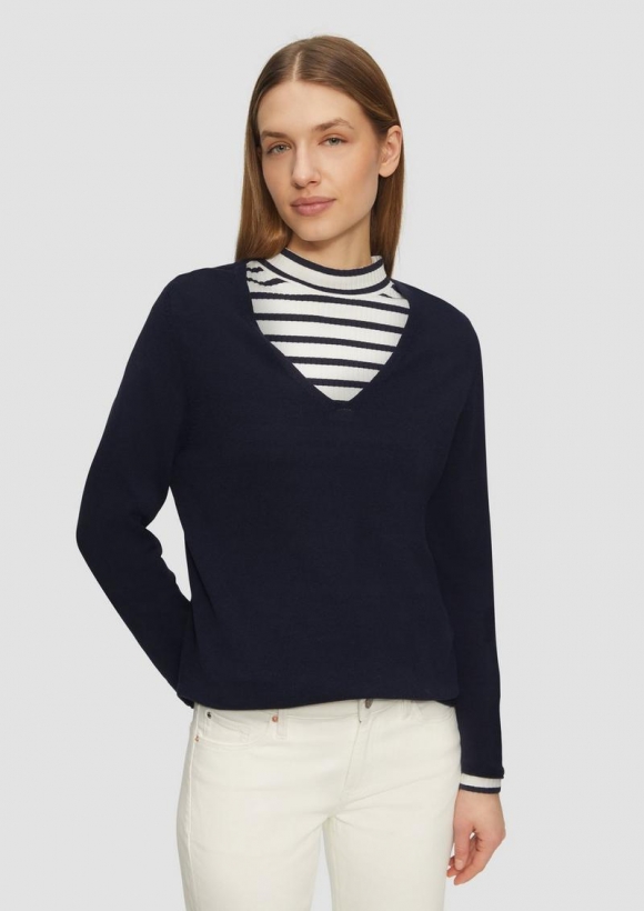 s.Oliver Feinstrickpullover mit V-Ausschnitt und Rollkante am Saum - navy
