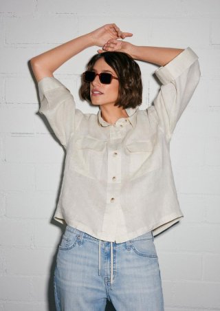 s.Oliver Leinen-Overshirt im Relaxed Fit mit weiten 3/4-Ärmeln - natur