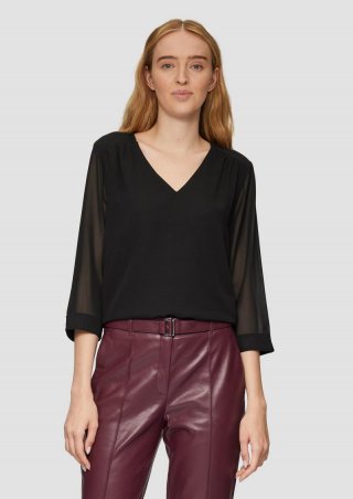 s.Oliver Chiffonbluse mit Raffung an der Schulter und transparenten Ärmeln - schwarz