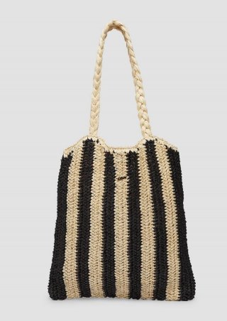 s.Oliver Gestreifte Raffia-Tasche mit geflochtenem Henkel - schwarz