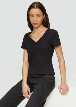 s.Oliver Baumwollshirt mit V-Ausschnitt - schwarz
