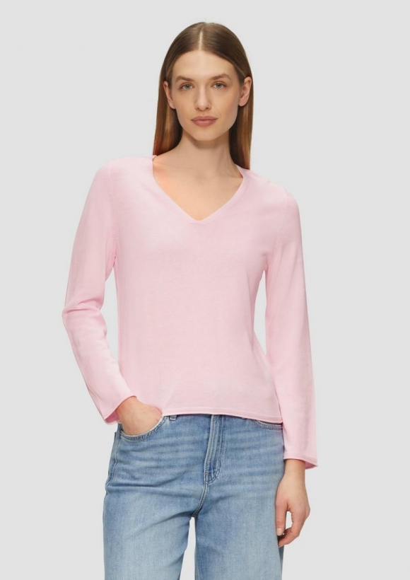 s.Oliver Feinstrickpullover mit V-Ausschnitt und Rollkante am Saum - zartrosa