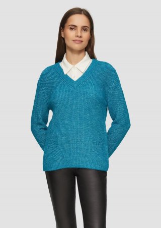 s.Oliver Strickpullover mit V-Ausschnitt und Rippblende - petrol