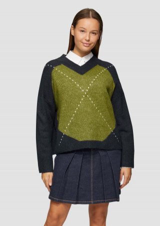s.Oliver Oversized Wollmix-Strickpullover mit Argyle-Muster - guacamole