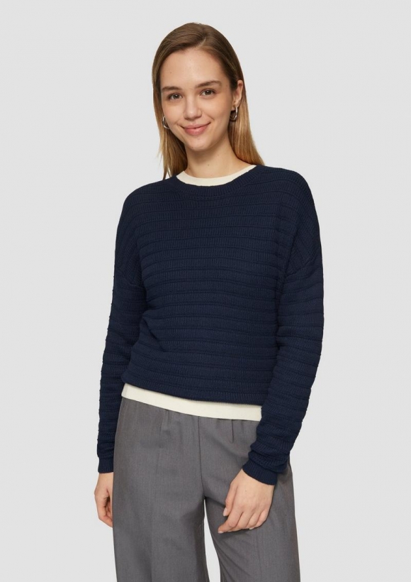 s.Oliver Baumwollmix-Pullover mit Strukturmuster - tiefblau
