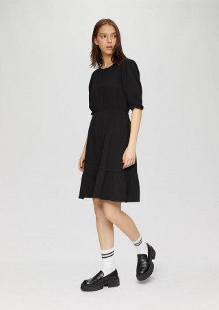 s.Oliver Kurzes Baumwoll-Kleid mit Raffungen und elastischen Bündchen - schwarz