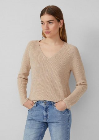 s.Oliver Strickpullover aus Baumwollmix mit V-Ausschnitt - beige