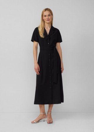 s.Oliver Tailliertes Maxikleid aus Crêpe mit Reverskragen und Bindegürtel - schwarz