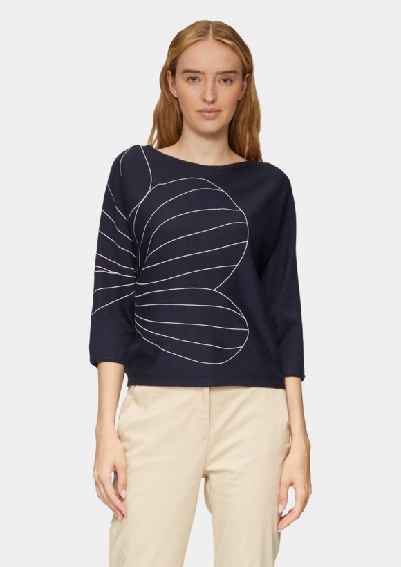 s.Oliver Strickpullover mit Fledermausärmeln und floraler Stickerei - navy