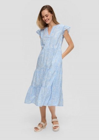 s.Oliver Gemustertes Midikleid mit Raffung und Eingrifftaschen - himmelblau