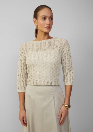 s.Oliver Semitransparenter Pullover aus Ajourstrick mit Pailletten - beige