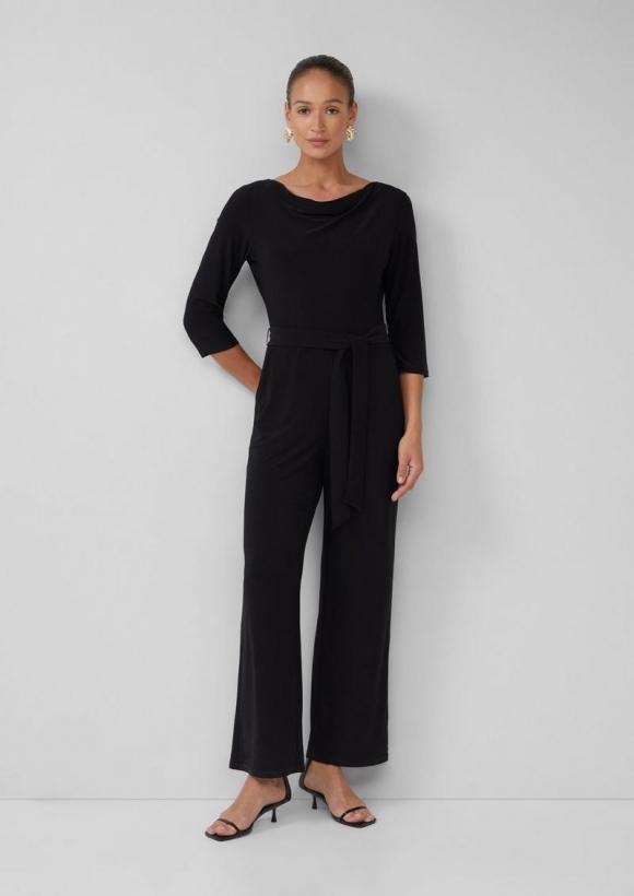 s.Oliver Jumpsuit mit Wasserfall-Ausschnitt und Bindegürtel - schwarz