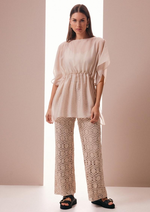 s.Oliver Wide-Leg-Hose aus Häkelspitze mit Jerseyfutter - beige