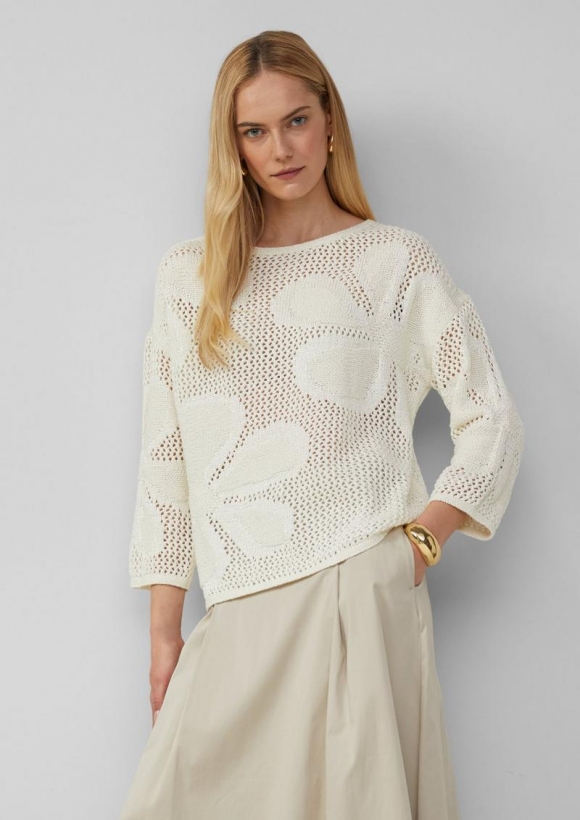 s.Oliver Pullover im Loose Fit mit floralem Strickmuster - natur