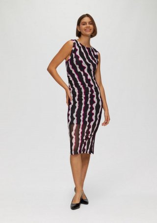 s.Oliver Gemustertes Mesh-Kleid mit seitlicher Raffung - schwarz