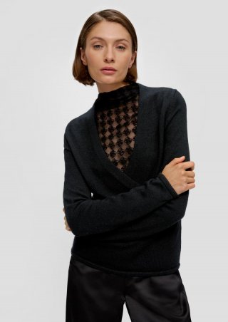 s.Oliver Strickpullover in Wickeloptik mit feinen Pailletten - schwarz