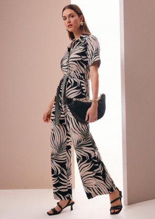 s.Oliver Gemusterter Jumpsuit aus Leinenmix mit festgenähtem Gürtel - schwarz