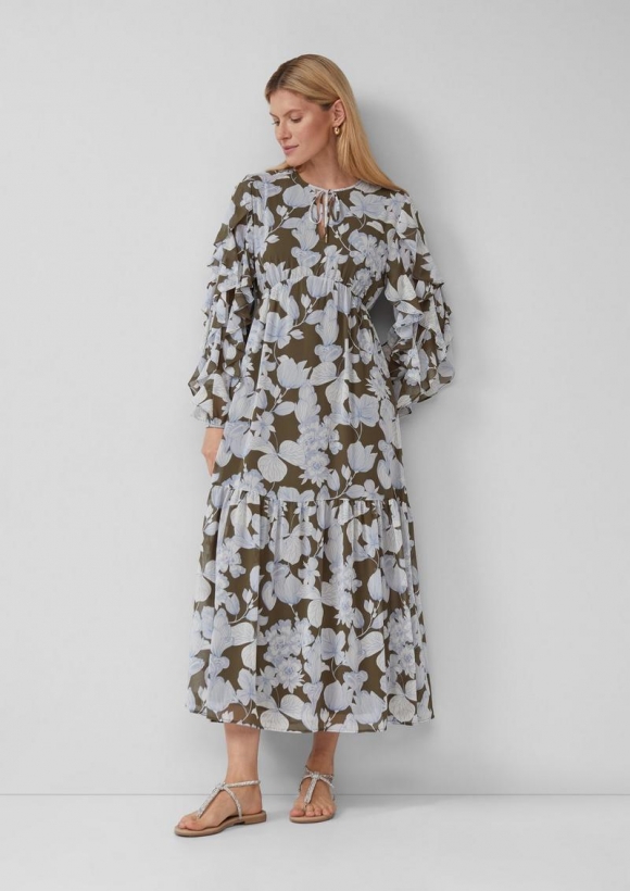 s.Oliver Kleid mit Volants und All-over-Print - olivgrün