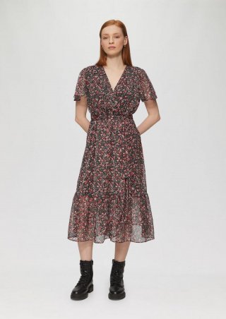 s.Oliver Chiffonkleid in Wickeloptik mit All-over-Print - schwarz