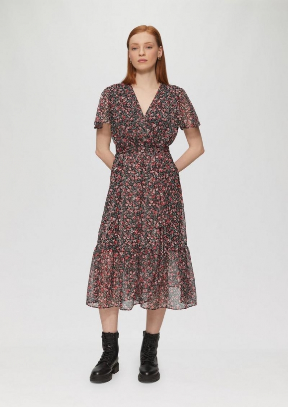 s.Oliver Chiffonkleid in Wickeloptik mit All-over-Print - schwarz