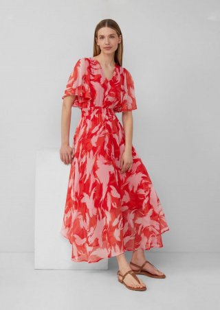 s.Oliver Maxikleid aus Chiffon mit gesmokter Taille - preiselbeere