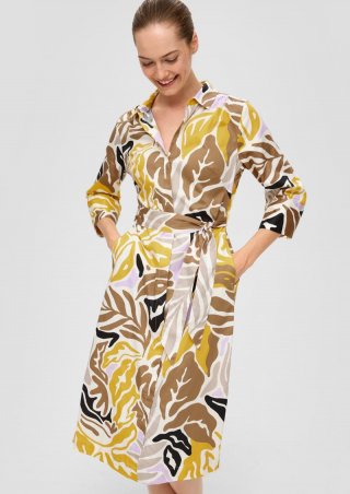 s.Oliver Gemustertes Hemdblusenkleid aus Popeline mit Bindegürtel - ecru