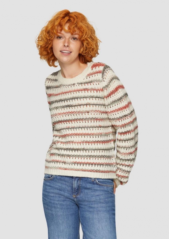 s.Oliver Gestreifter Pullover aus Ajour-Strick - beige