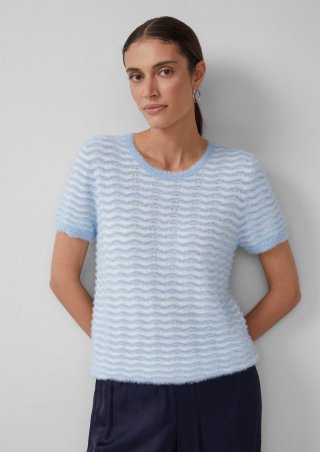 s.Oliver Kurzärmeliger Strickpullover mit Wellenstrickmuster und Pailletten - arktisblau