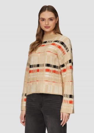 s.Oliver Karierter Strickpullover mit weitem Ärmel - beige