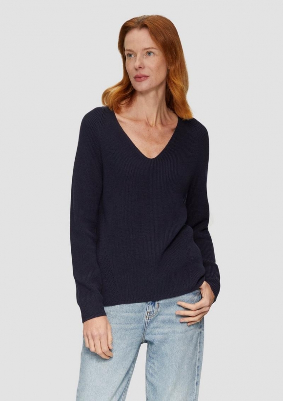 s.Oliver Strickpullover mit V-Ausschnitt und Raglan-Ärmeln - navy