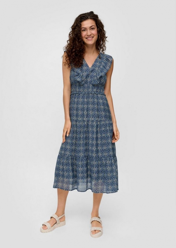 s.Oliver Gemustertes Kleid aus Viskosemix mit Rüschendetails - tiefblau