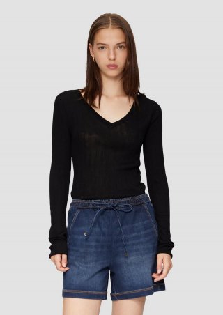 s.Oliver Gerippter Feinstrickpullover aus Viskosemix - schwarz
