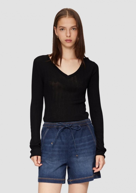 s.Oliver Gerippter Feinstrickpullover aus Viskosemix - schwarz