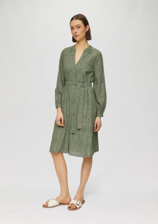 s.Oliver Kleid in A-Shape mit Lochstickerei und Eingrifftaschen - olivgrün