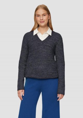 s.Oliver Strickpullover mit V-Ausschnitt und Rippblende - navy