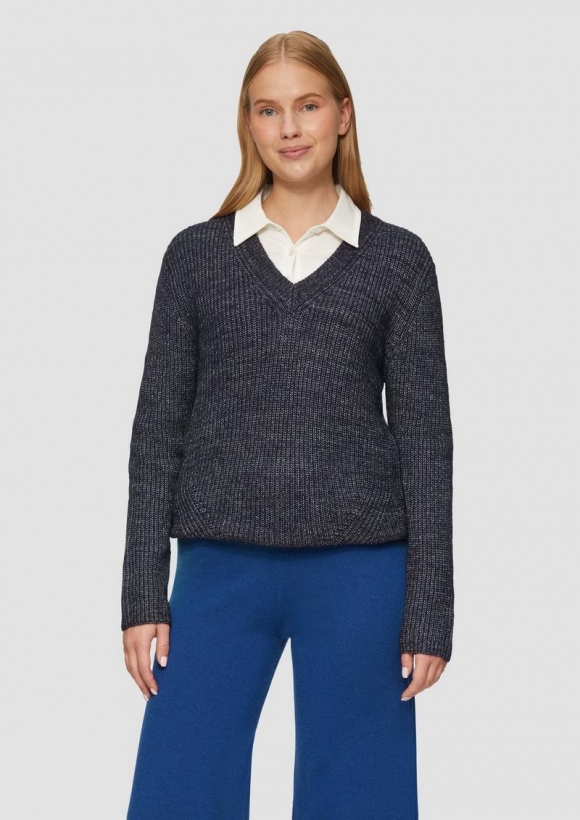 s.Oliver Strickpullover mit V-Ausschnitt und Rippblende - navy