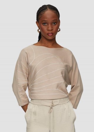 s.Oliver Strickpullover mit Fledermausärmeln und floraler Stickerei - beige