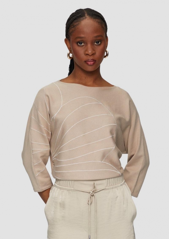s.Oliver Strickpullover mit Fledermausärmeln und floraler Stickerei - beige