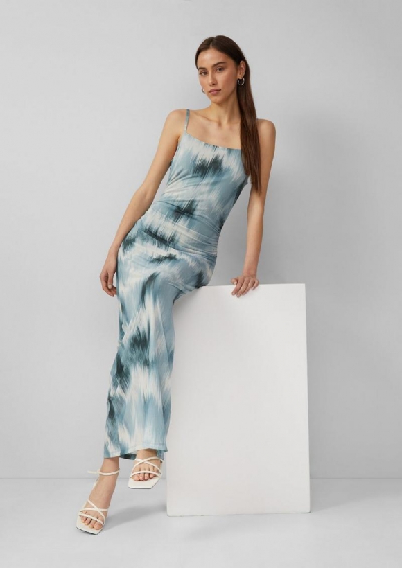 s.Oliver Schmal geschnittenes Meshkleid mit All-over-Print - salbeigrün