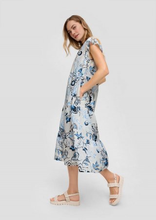 s.Oliver Gemustertes Midikleid mit Raffung und Eingrifftaschen - ecru