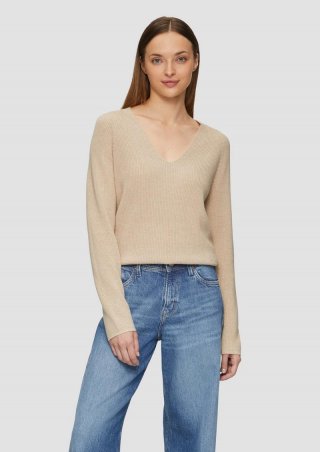 s.Oliver Strickpullover mit V-Ausschnitt und Raglan-Ärmeln - sandfarben