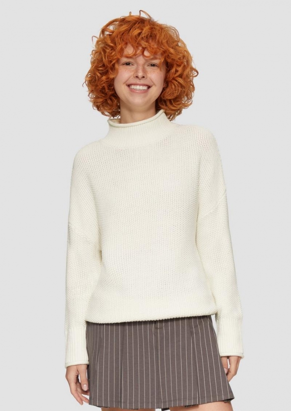 s.Oliver Loose Fit Strickpullover mit Stehkragen aus Baumwollmix - creme