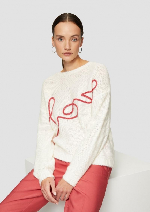 s.Oliver Locker gestrickter Pullover aus Alpakamix mit Love-Schriftzug - creme