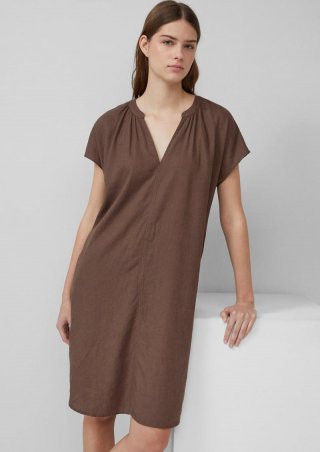 s.Oliver Midi-Kleid aus Leinenmix mit Eingrifftaschen - mokka