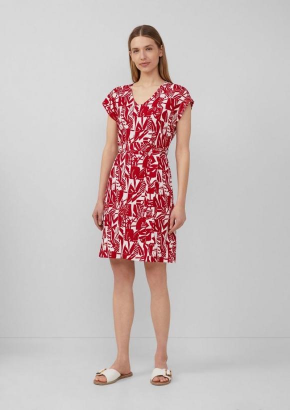 s.Oliver Strukturiertes Jerseykleid mit All-over-Print und Gürtel - mohnrot