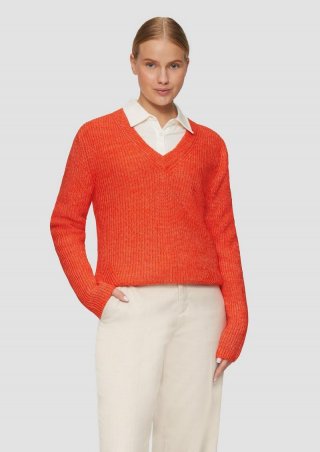 s.Oliver Strickpullover mit V-Ausschnitt und Rippblende - orange