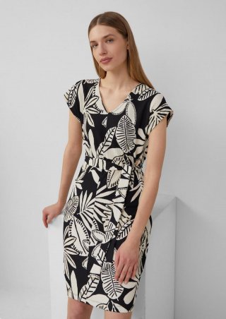 s.Oliver Strukturiertes Jerseykleid mit All-over-Print und Gürtel - schwarz