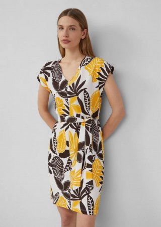 s.Oliver Strukturiertes Jerseykleid mit All-over-Print und Gürtel - ecru