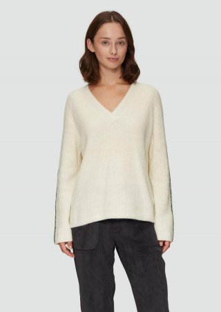 s.Oliver Strickpullover mit V-Ausschnitt und Kontrast-Details - creme