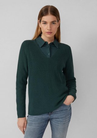 s.Oliver Strickpullover aus Baumwollmix mit V-Ausschnitt - tannengrün